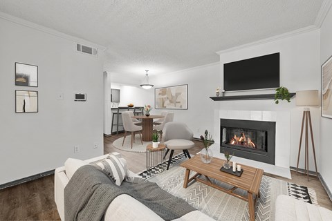 our apartments offer a living room with a fireplace and a dining room